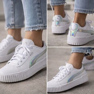 Puma White Platform Sneakers Holographic Stripe SoftFoam Comfort Women’s 8.5